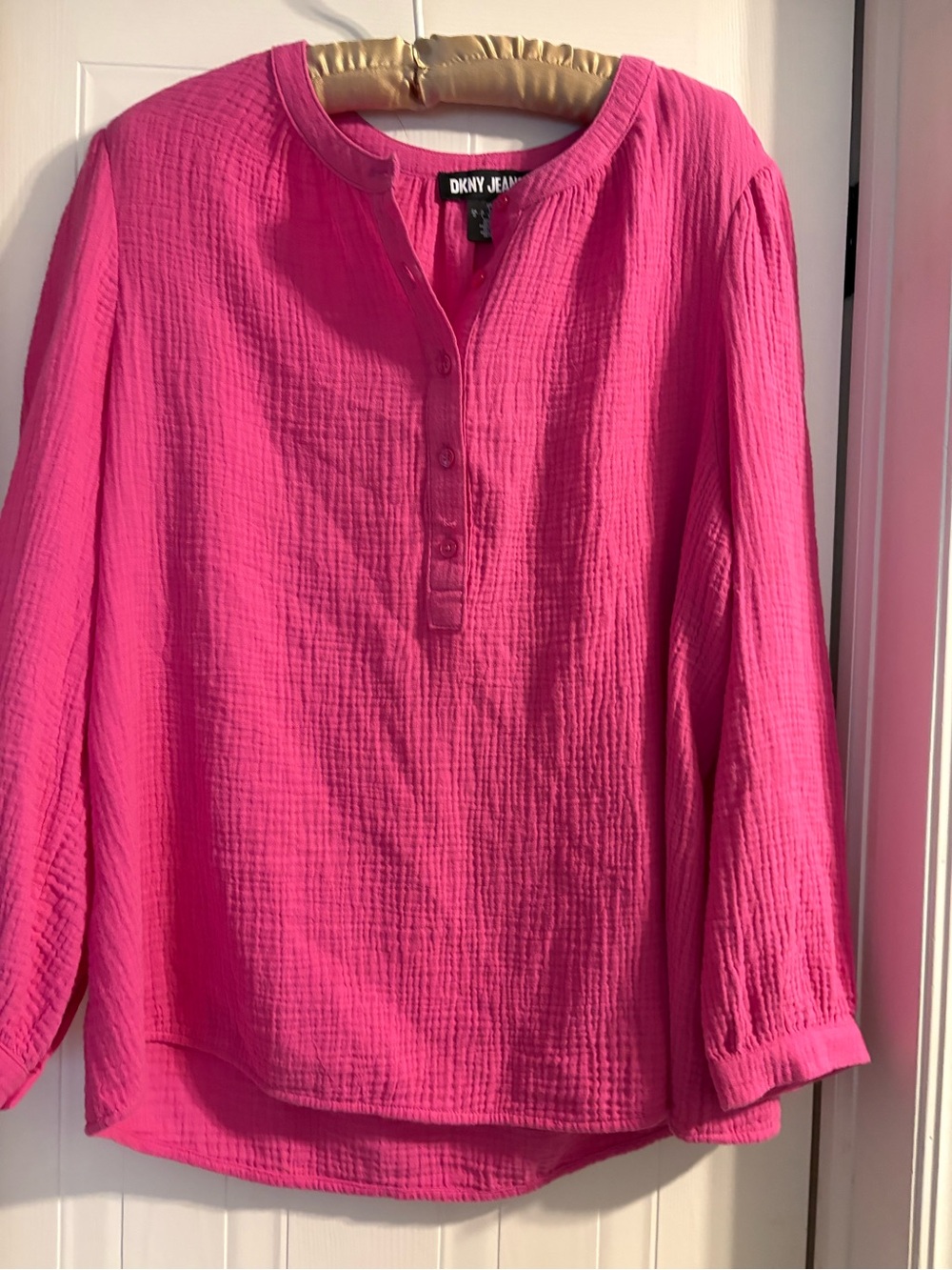 Dkny Hot Pink Textured Henley Tunic Top